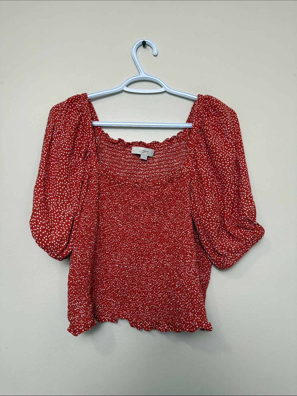 LOFT Red Dotted Smocked Square-Neck Blouse size M